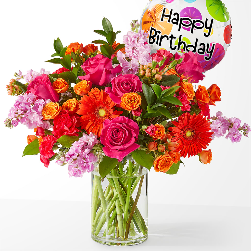 Fiesta Bouquet with Birthday Balloon – Greater Fayetteville Flower Shop, Springdale AR