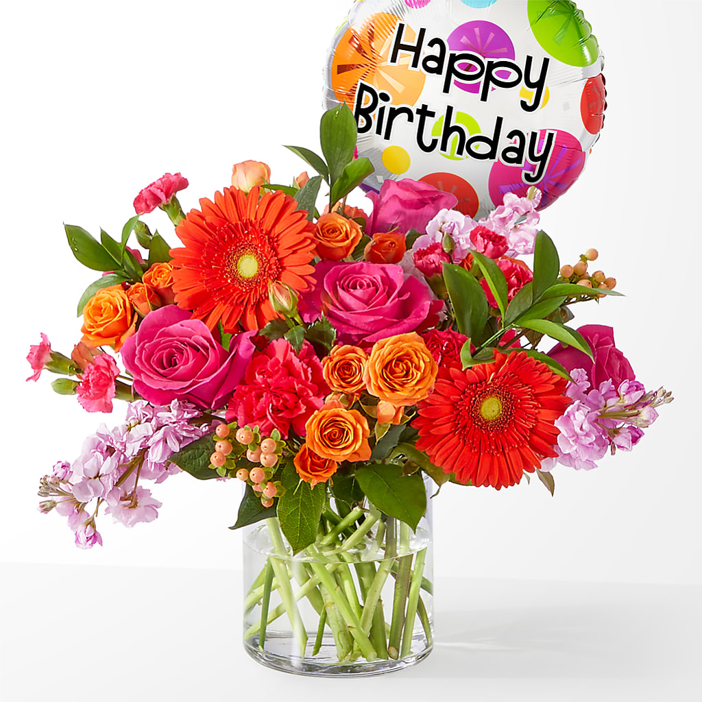 Fiesta Bouquet with Birthday Balloon – Greater Fayetteville Flower Shop, Springdale AR