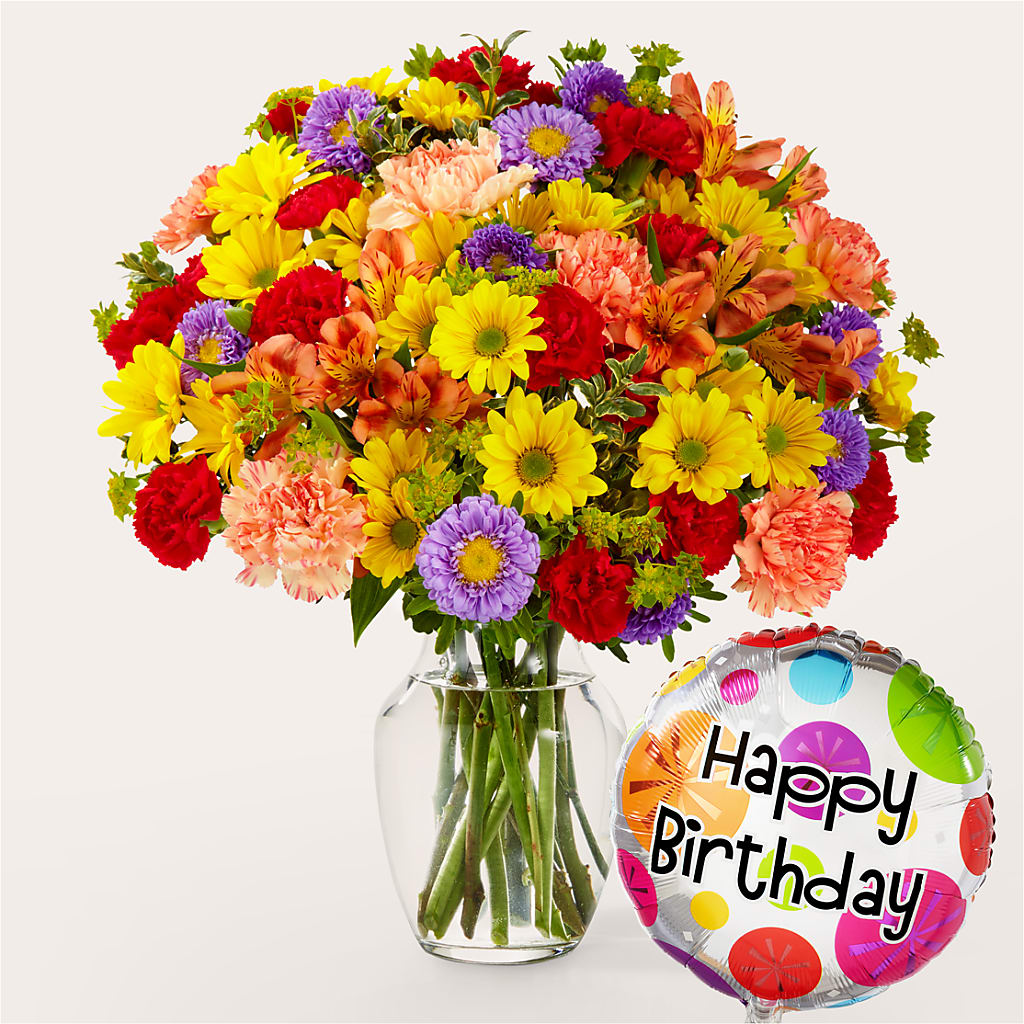 Kaleidoscope Bouquet with Birthday Balloon – Greater Fayetteville Flower Shop, Springdale AR