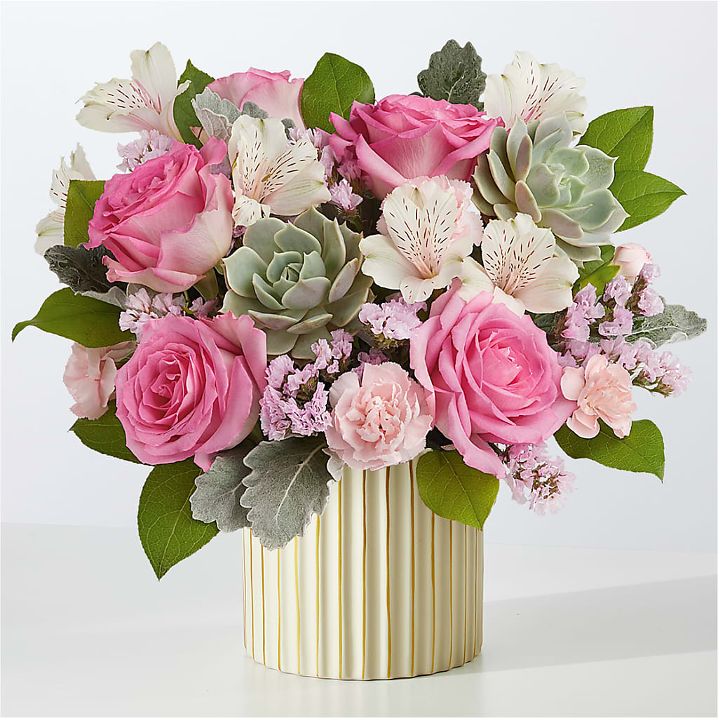 Dusty Rose Bouquet with Ivory Vase – Greater Fayetteville Flower Shop, Springdale AR