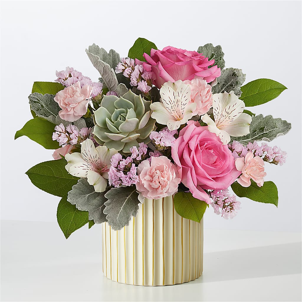 Dusty Rose Bouquet with Ivory Vase – Greater Fayetteville Flower Shop, Springdale AR