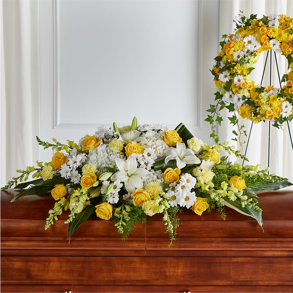 Golden Harmony Casket Spray – Greater Fayetteville Flower Shop, Springdale AR