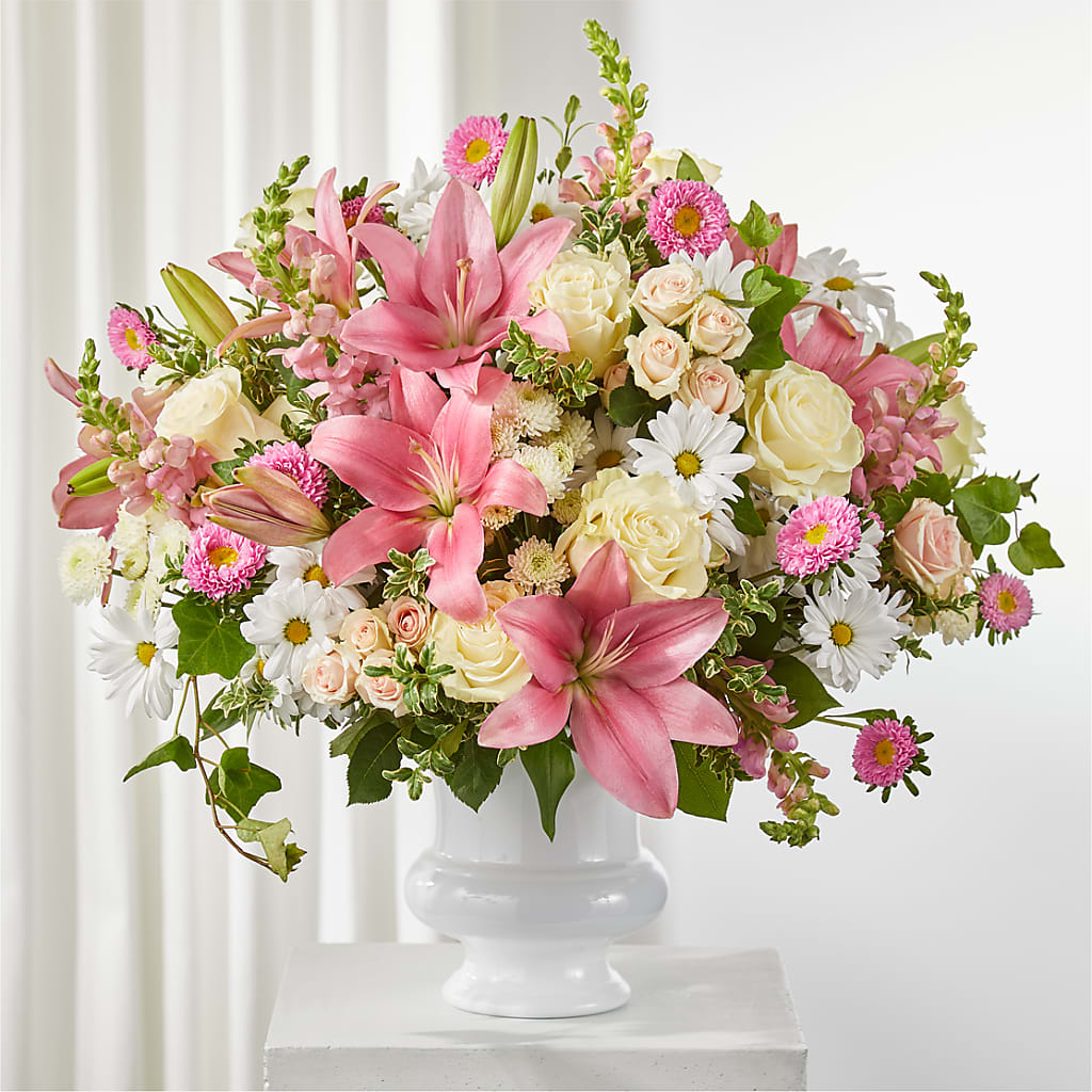 Empathetic Blooms Urn Arrangement – Greater Fayetteville Flower Shop, Springdale AR