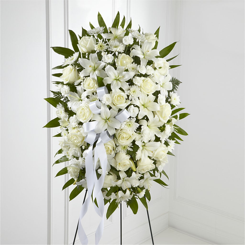 Exquisite Tribute Standing Spray-White Ribbon – Greater Fayetteville Flower Shop, Springdale AR